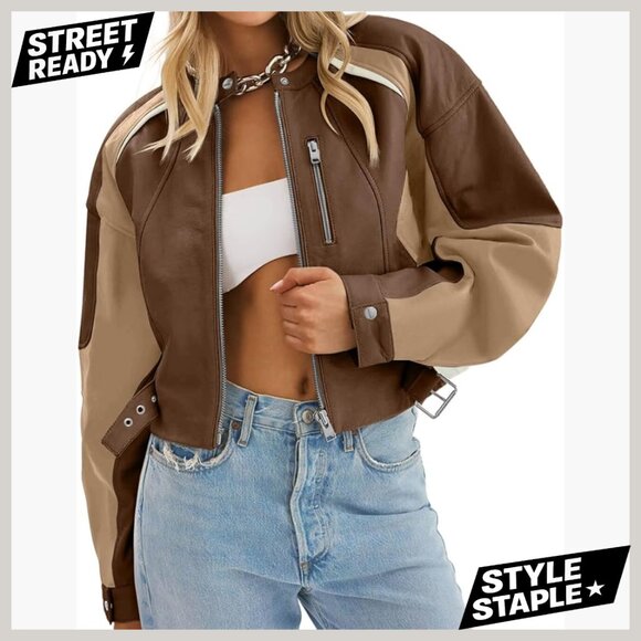 Jackets & Blazers - Faux Leather Cropped Bomber Jacket Zipper Moto Biker Coat Fall Casual